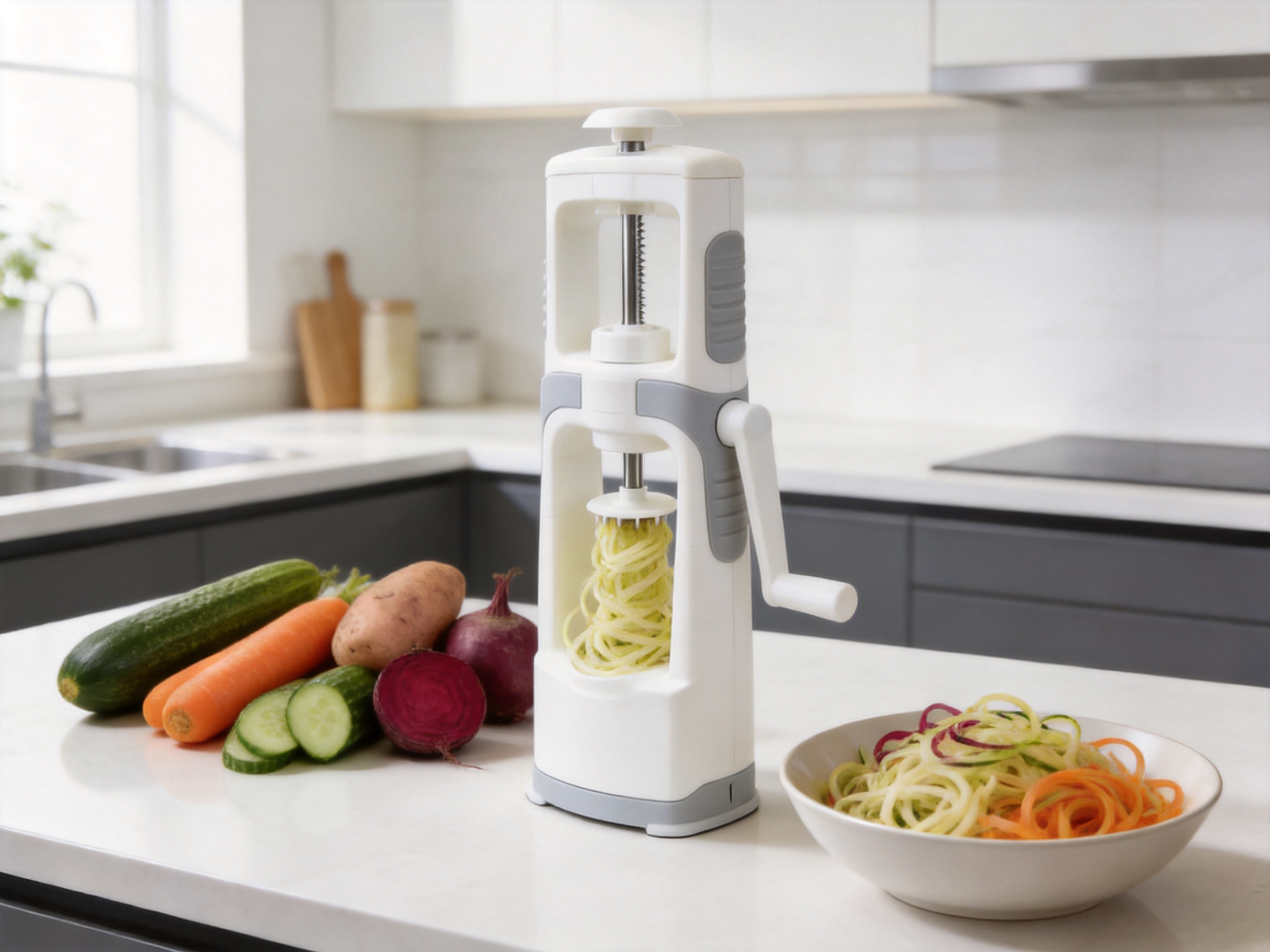 Self-Pressure Vertical Spiralizer: Efficient Manual Vegetable Preparation for Modern Kitchens
